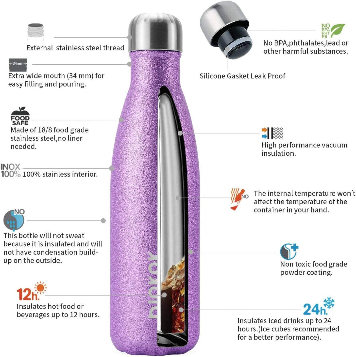 BJPKPK Insulated Water Bottles 17oz Stainless Steel Sports Water Bottles Keep Cold for 24 Hours and Hot for 12 Hours,BPA Free,Glitter Purple