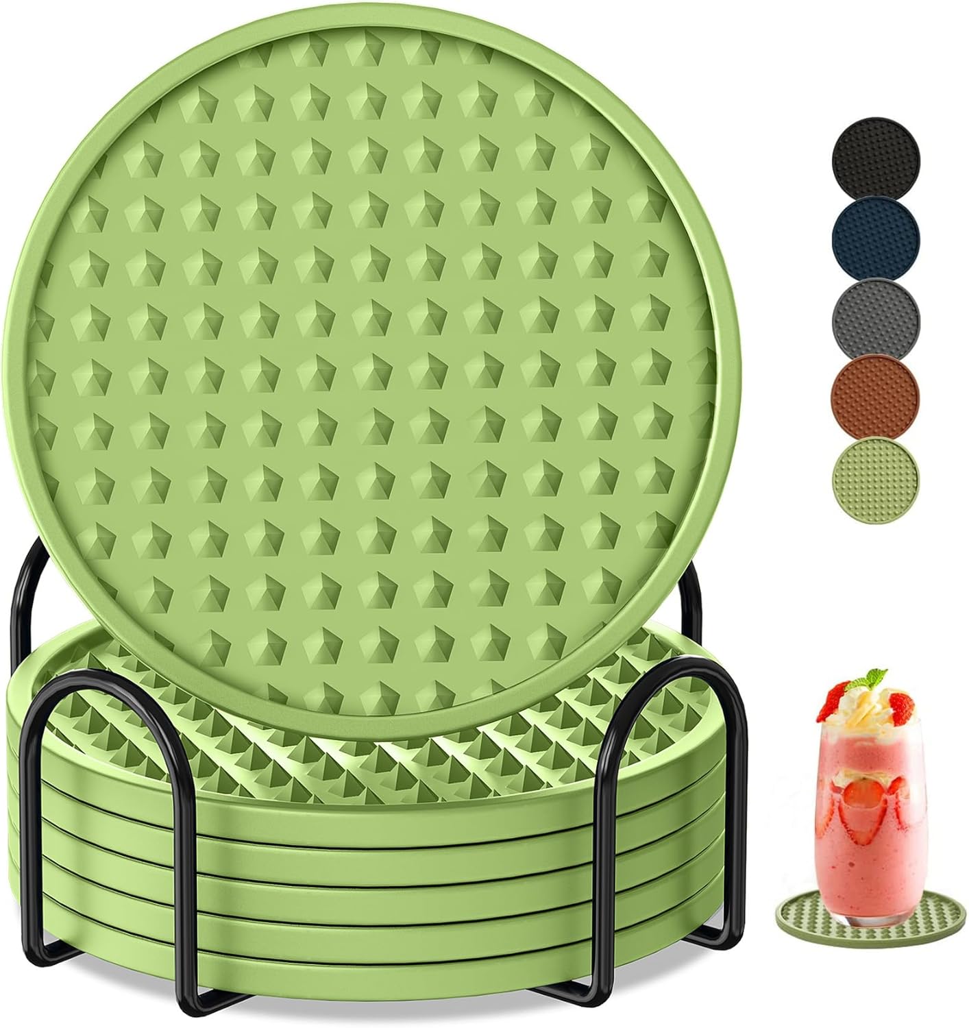 Coasters for Drinks 6 Pack Drink Coaster with Holder,Heat Resistant Silicone Cup Mat Tabletop Protection,Non-Slip Rubber Coasters for Kinds of Cups (Green)