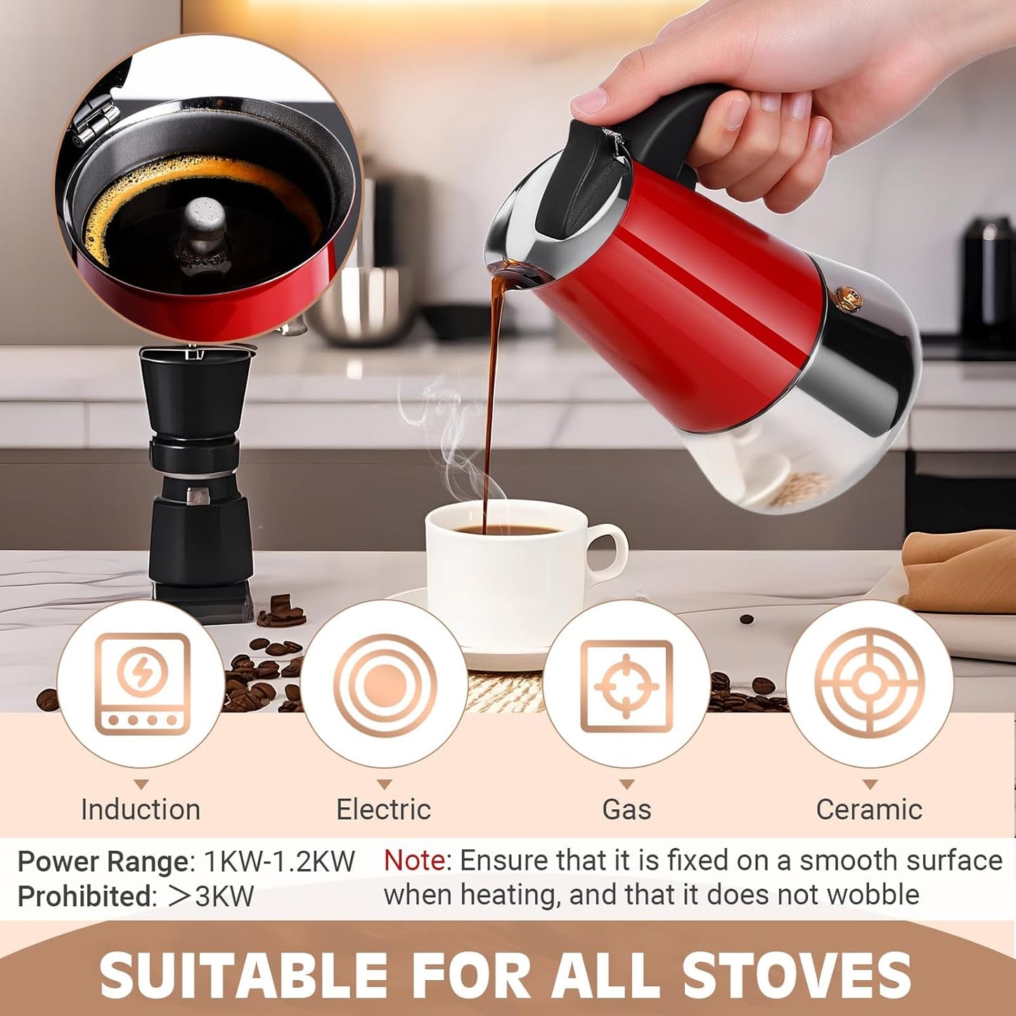 Moka Pot, 4 Cups (7.1 oz) Stovetop Espresso Maker, 304 Stainless Steel Moka Pot, Induction Compatible, Red