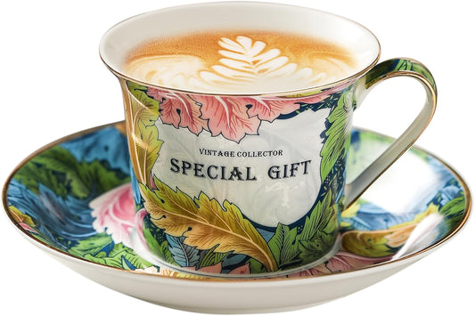 ACMLIFE Tea Cup and Saucer Set for 1, Vintage Floral Bone China Tea Cup Set with Saucer 24K Gold, Porcelain Tea Cup with Spoon and Gift Box, 6.8 oz (Green)