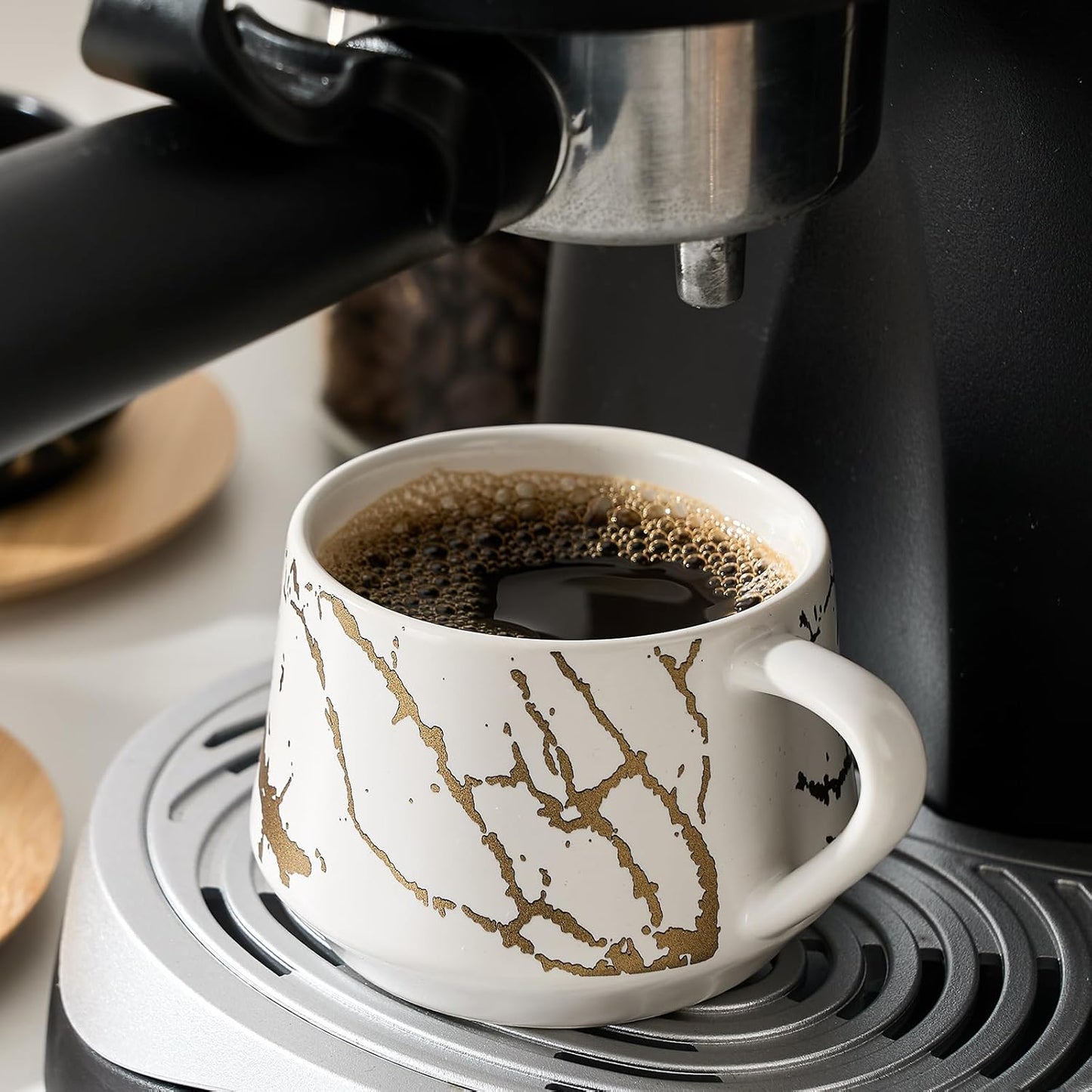 LUKA Ceramic Espresso Cups with Saucers and Metal Stand, Small 4 oz Porcelain Demitasse Cups Set of 6, Cute Cappuccino Coffee Cups for Double Espresso, Tea, Marbling White & Black