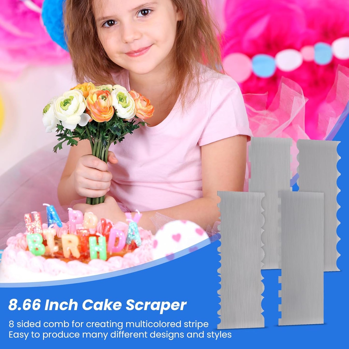 4 Pieces Stainless Steel Cake Scraper 10 Inch and Sided Patterned Edge Stripe Edge Smoother Scraper Cake Decorating Comb Cake Pastry Cutter for Mousse Butter Cream Cake Decoration