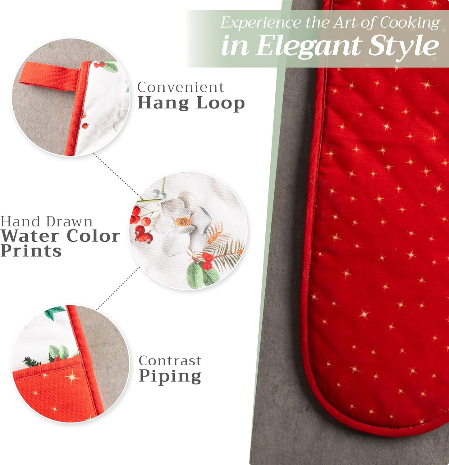 Maison d' Hermine Double Oven Mitts 100% Cotton 7"x35" Double Oven Mitt Heat Resistant BBQ Cooking Gloves with Loop, Baking, Grilling, Home, Kitchen, Handling Hot Pans (Noel)