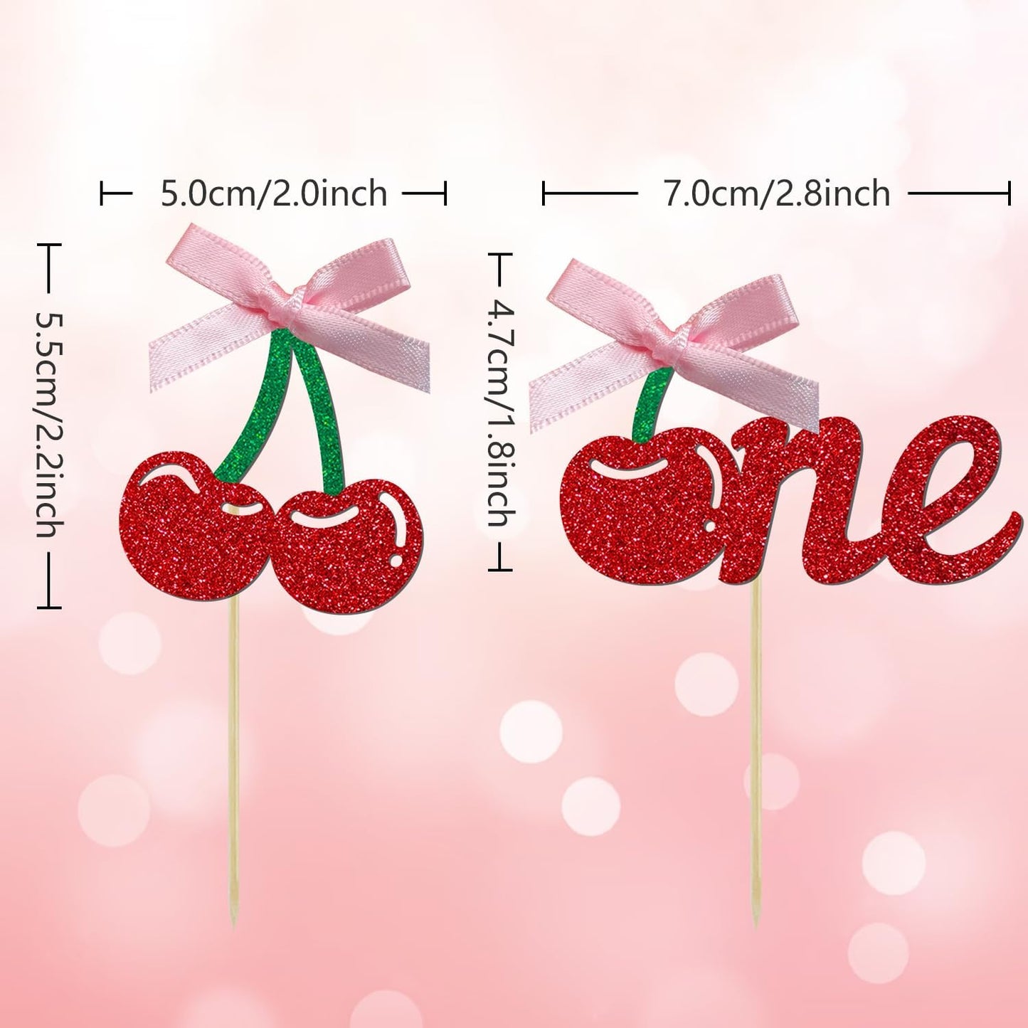 24 Pack Cherry 1st Birthday Cupcake Toppers, Glitter Cherry First Birthday Cake Pick for Fruits Theme One Birthday Party Cake Decorations Supplies (Ribbon One)