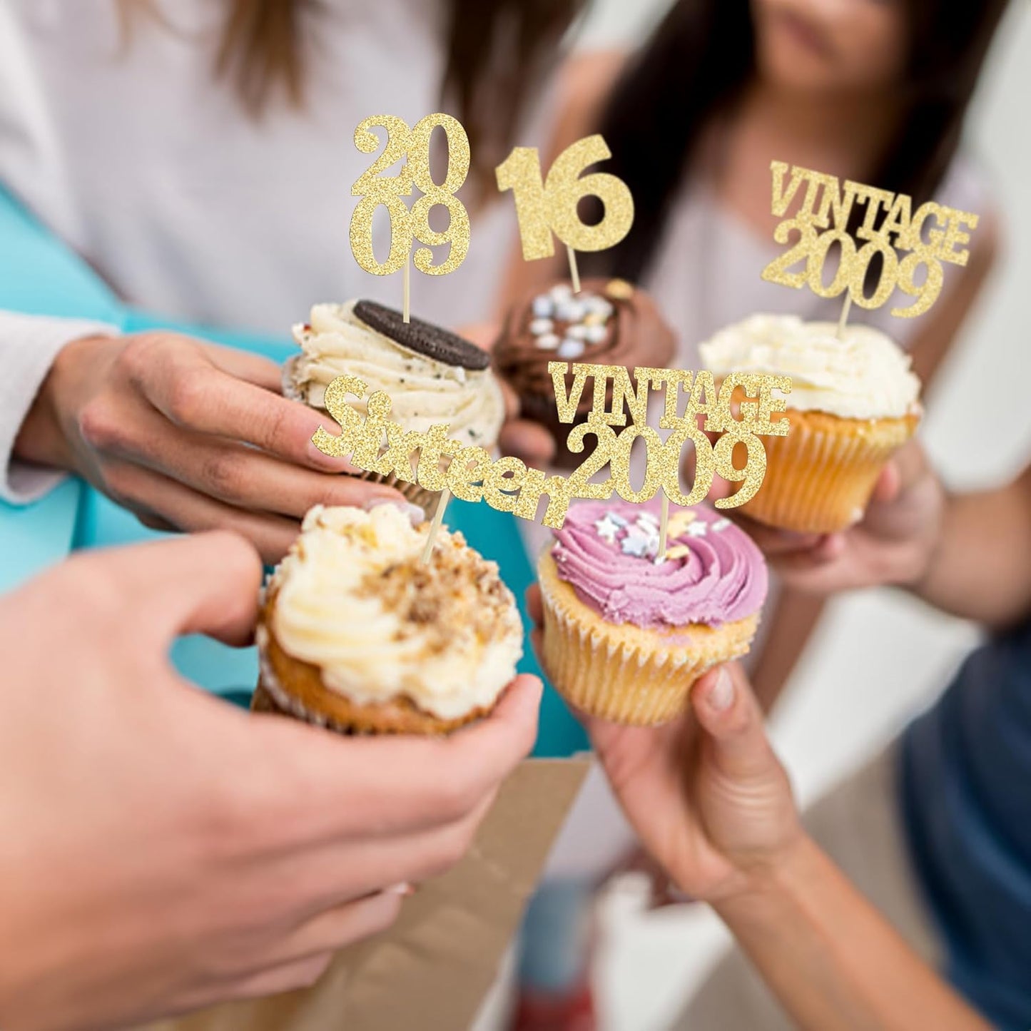 Gyufise 24Pcs Sweet 16 Cupcake Toppers Glitter Sixteen Vintage 2009 16th Birthday Cupcake Picks Hello 16 Years Birthday Cake Decorations for Happy 16th Anniversary Party Supplies Gold
