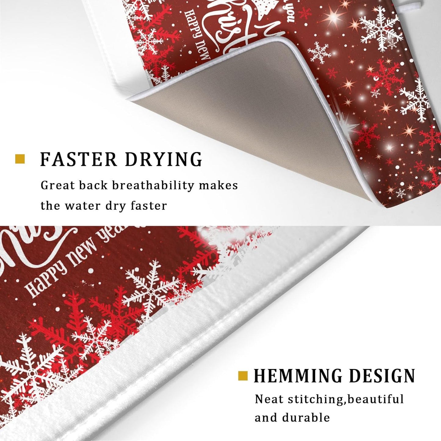 Happy New Year Red Dish Drying Mat for Kitchen Counter,Merry Christmas Tree Snowflake Drying Mat 18 x 24 Inch with High Absorbent Reversible Microfiber Dish Drying Pad Drainer Mat for Coffee Bar