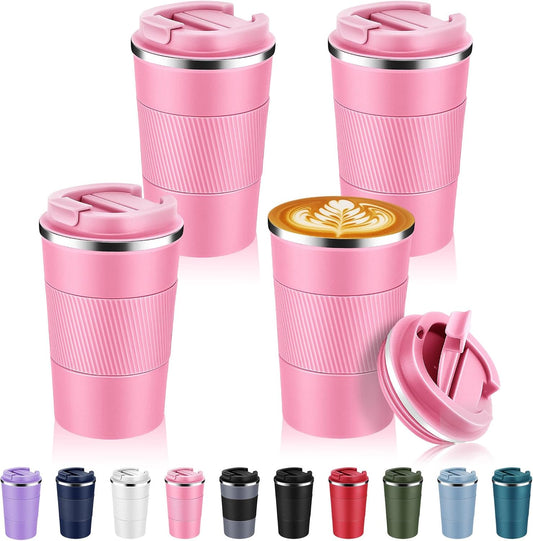 Volhoply 13 oz Stainless Steel Insulated Travel Coffee Mug with Fip Lid Bulk 4 Pack,Reusable Double Wall Vacuum Metal Coffee Cup,Portable Leak Proof Thermal Tumbler for Hot & Cold Drinks(Pink,4)