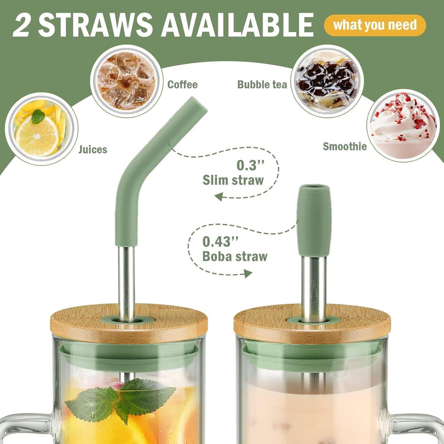 Kodrine Glass Tumbler with Handle, 24 oz Iced Coffee Cup Boba Smoothie Cup, Bamboo Lid Home Office Tumblers, Olive