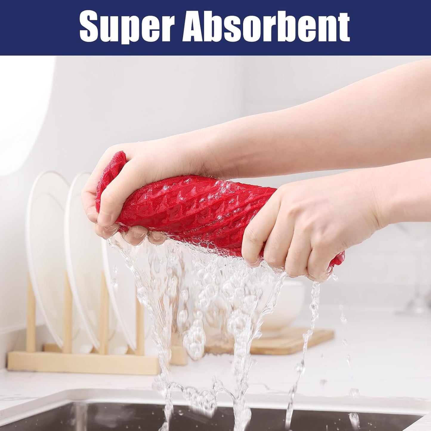 Homaxy Microfiber Waffle Weave Kitchen Towels, 16 x 28 Inch Ultra Absorbent and Solid Color Dish Towels, 4 Pack, Red