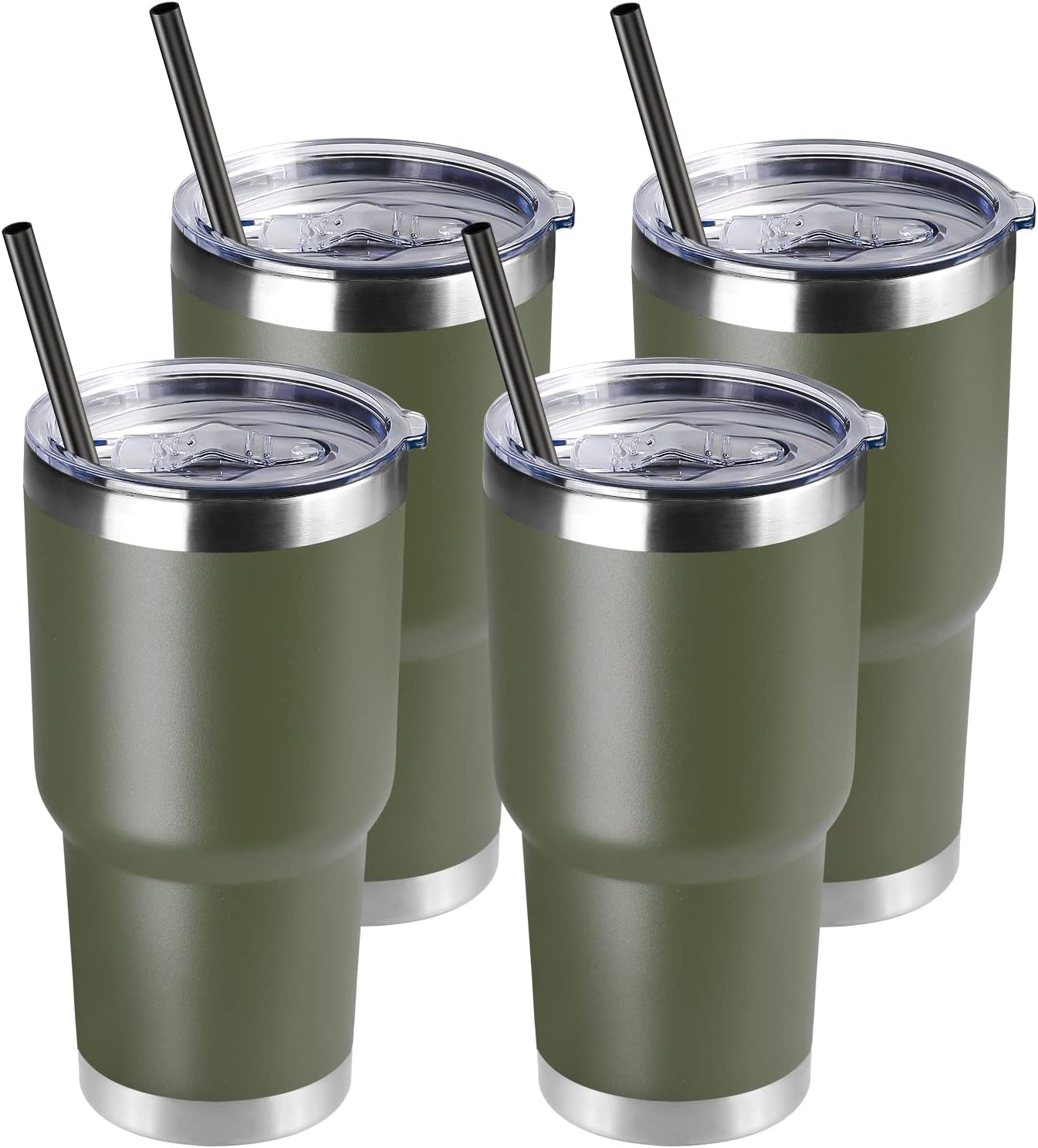 DOMICARE 30 oz Tumbler with Lid and Straw, Stainless Steel Tumblers Bulk, Insulated Vacuum Double Wall Travel Coffee Mug, Durable Powder Coated Tumbler Cups (Army Green, 4)