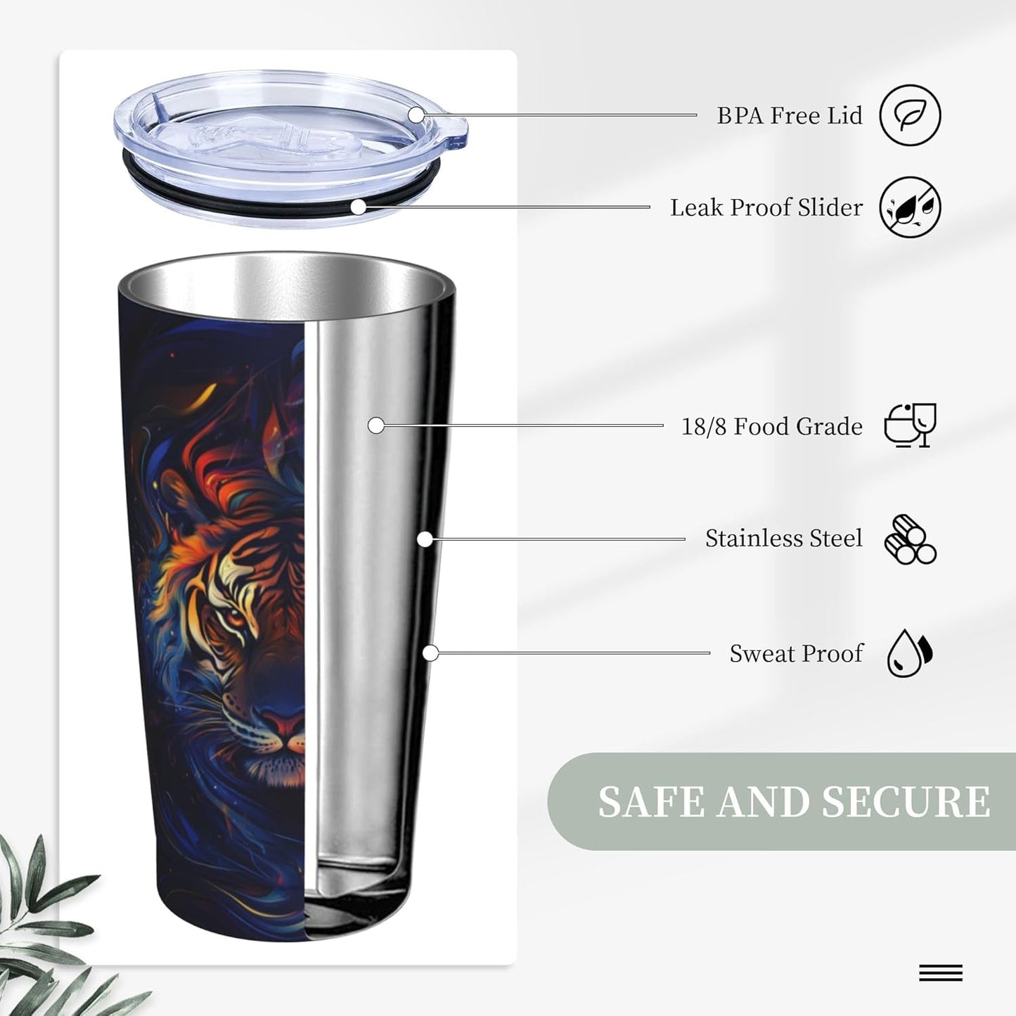 Tiger Tumbler with Lid and Straw 20oz Coffee Tumblers Leakproof Stainless Steel Travel Mug Vacuum Insulated Cup for Iced and Hot