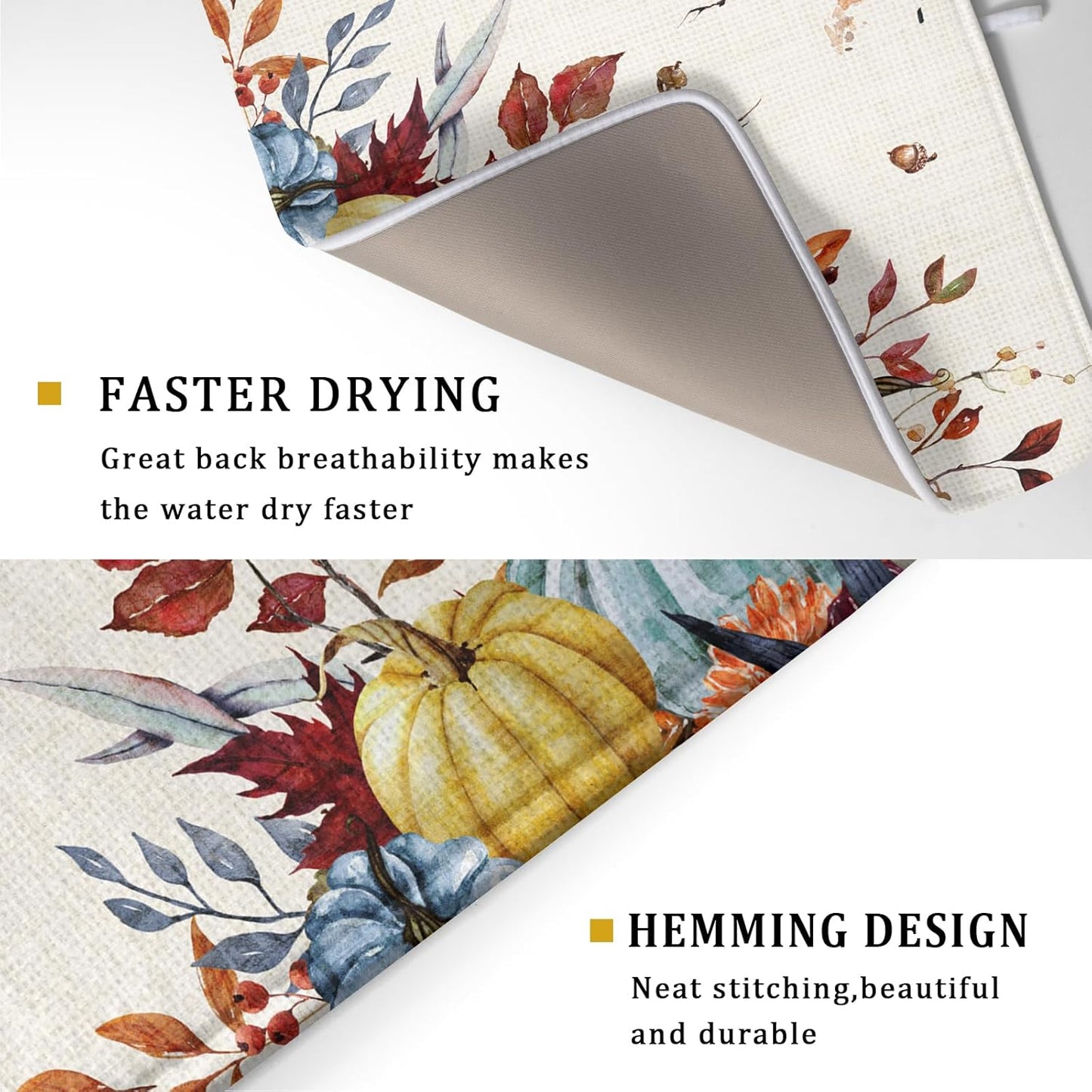 Giwawa Fall Dish Drying Mat for Kitchen Countertop, Watercolor Autumn Teal Blue Orange Pumpkins Floral Dish Drainer Mats, Thanksgiving Harvest Absorbent Dish Drying Pad Decor, 18x24 inch Large