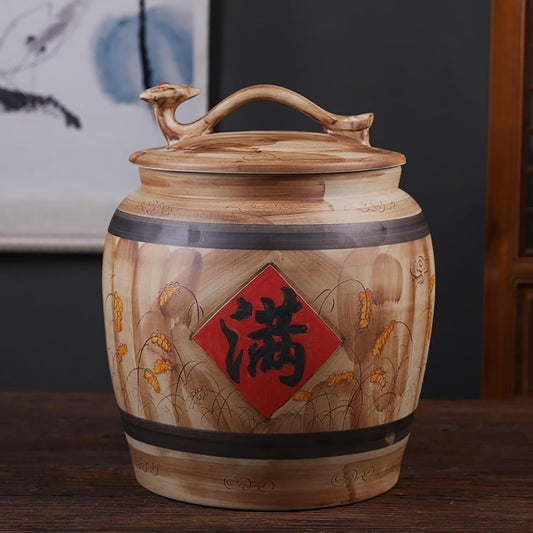 Ceramic Rice Storage Container Sealed Rice Bucket, Grain Dispenser Food Storage Jars, Chinese Jar Ceramic Decorative, for Cereal, Flour, Sugar, Coffee, Rice(47 * 37cm/18.5 * 14.5in)