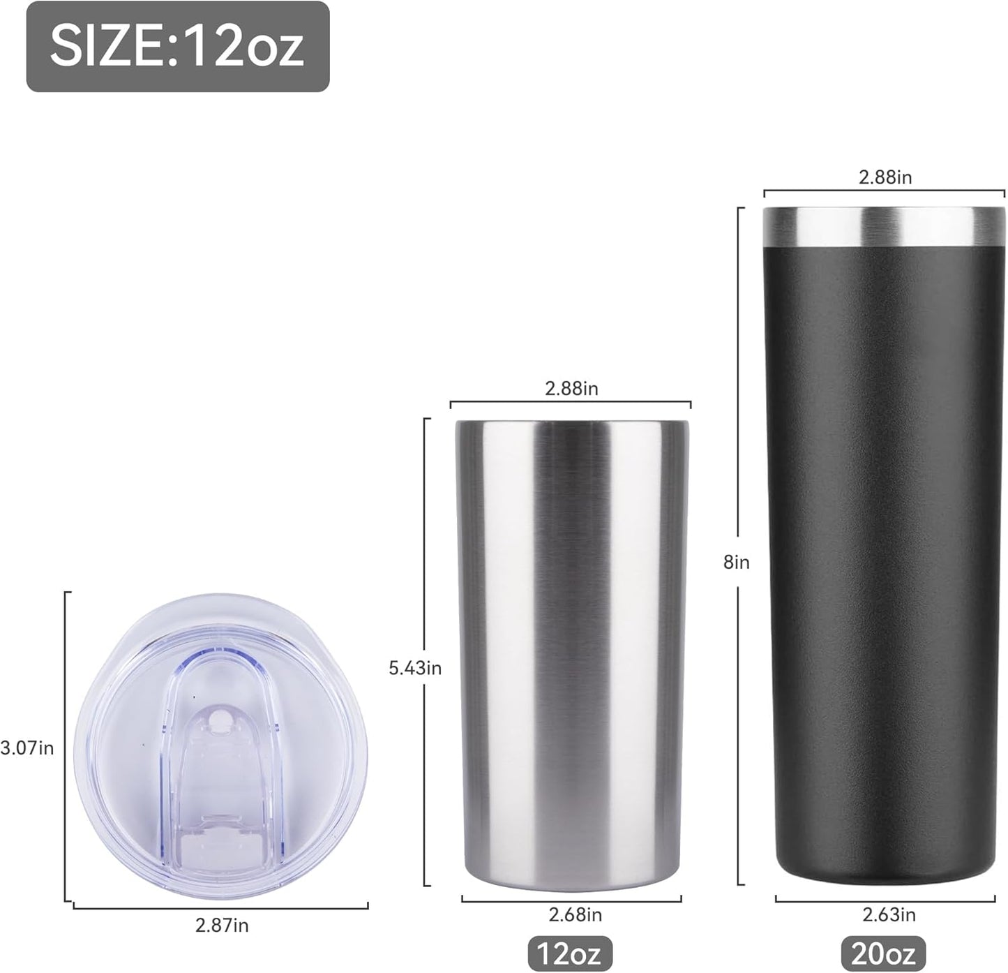 HASLE OUTFITTERS 12oz Skinny Tumbler Bulk, Slim Tumblers Set with Lid, Double Wall Stainless Steel Insulated Travel Coffee Mug, Durable Powder Coated Travel Water Cup(Stainless Steel, 12)