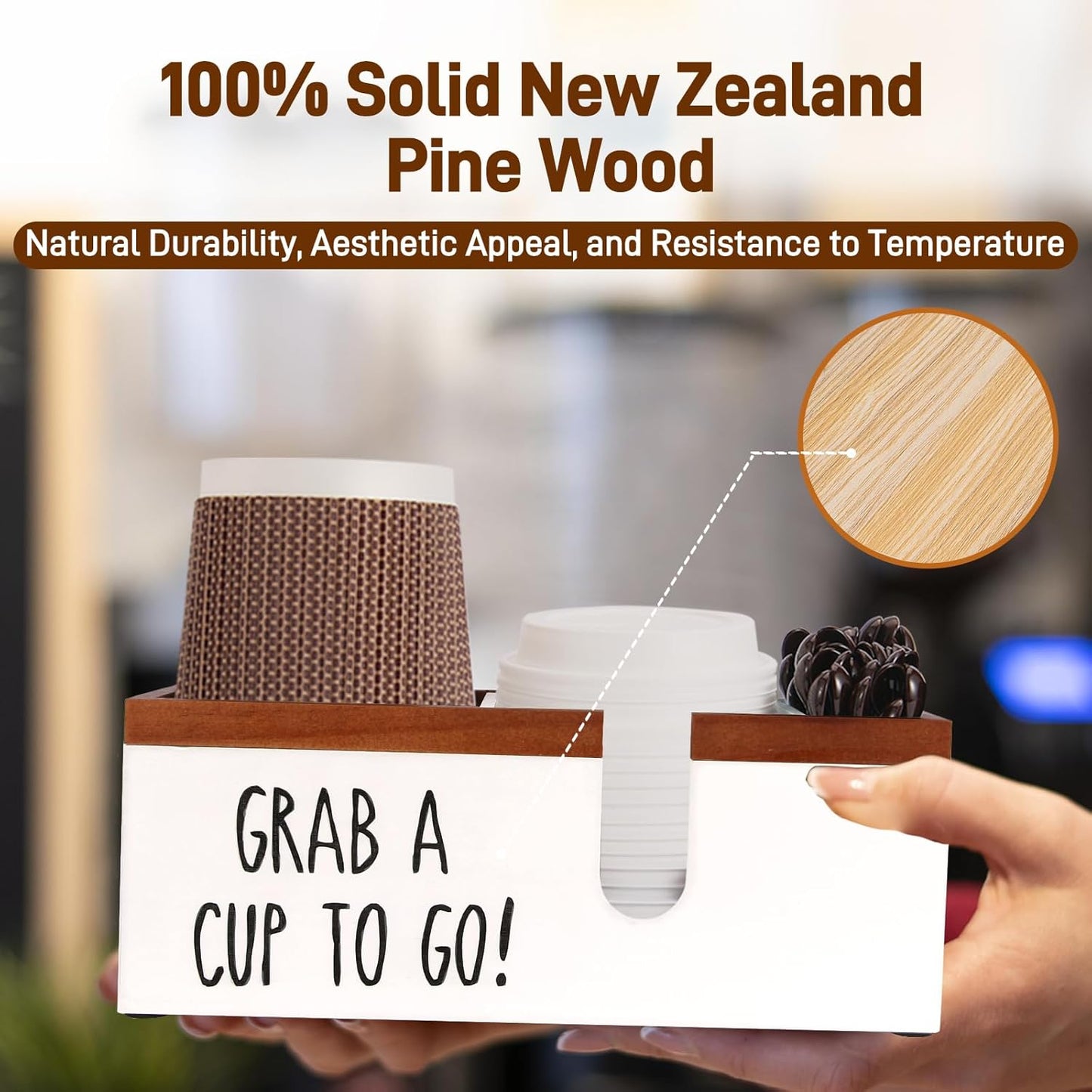 100% Wooden Coffee Cups Holder with U-Shape Cutout Design for Countertop-Coffee Bar Organizer for Cups, Lids, Pods, Stirrers, and Accessories, Great Gift for Home or Office (White)