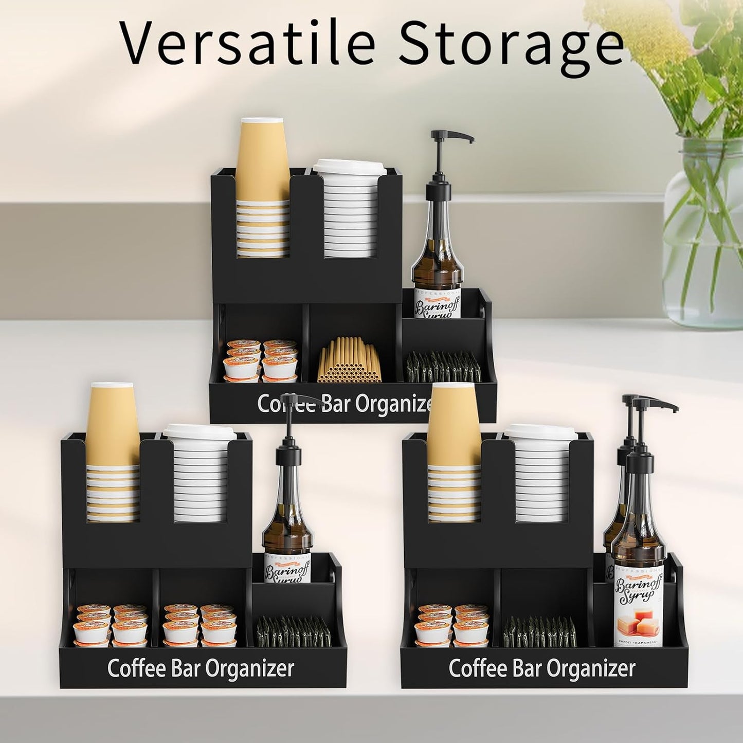 Coffee Station Organizer, Wooden Coffee Bar Organizer for Countertop, Condiment and Cup Storage Organizer, Bar Accessories for Kitchen, Office, Home, Small Black