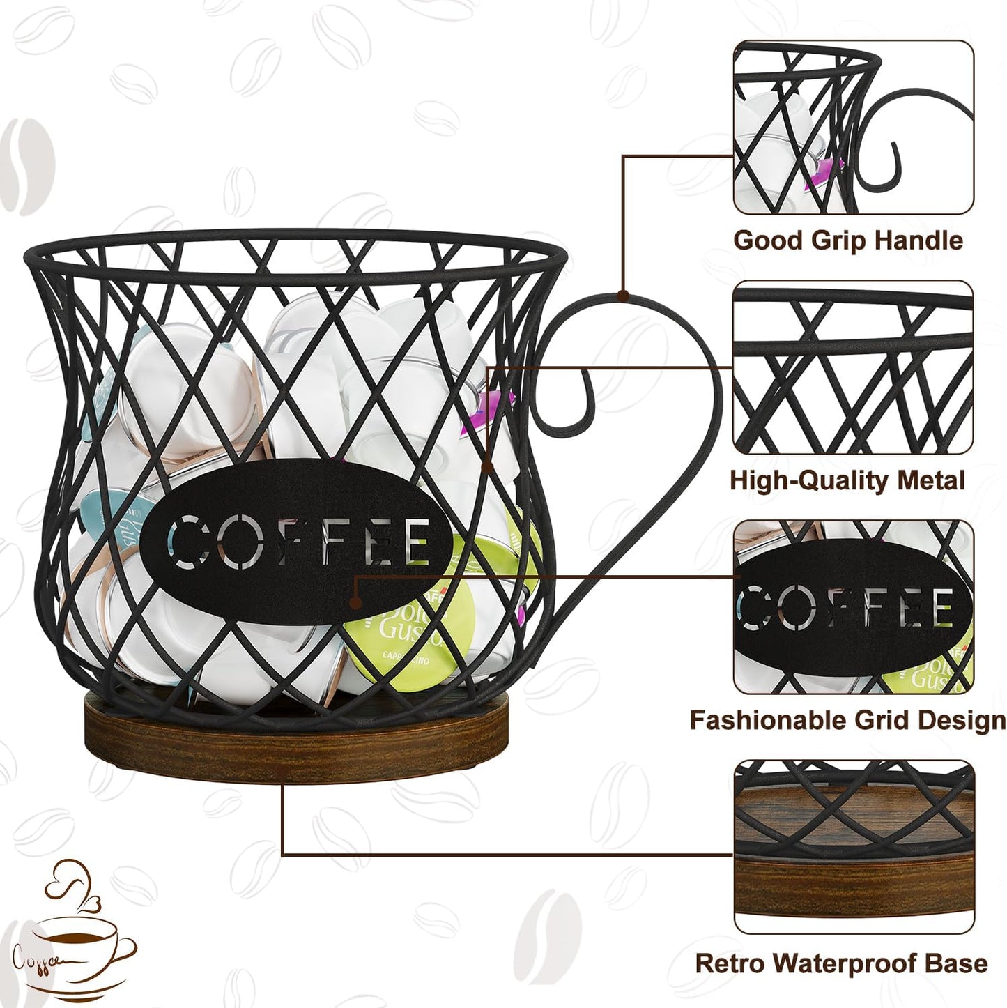 YINMIT K Cup Holder Organizer, Rustic Coffee Pod Holder Organizer, 35 Kcup Holder for Counter with Handle，Large Capacity Black Wire Coffee Capsule Basket for Kitchen Office Desktop (Circular Grid)
