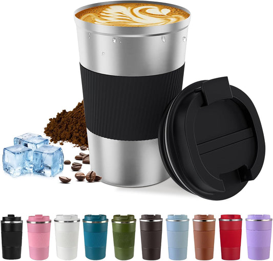 Vacuum-Insulated Stainless Steel Travel Coffee Mug, Leak-Proof Reusable Coffee Cup with Lid - Keep Hot & Cold Drinks for Hours, Durable Thermos Tumbler for Men & Women (3rd-Silver black, 12OZ)