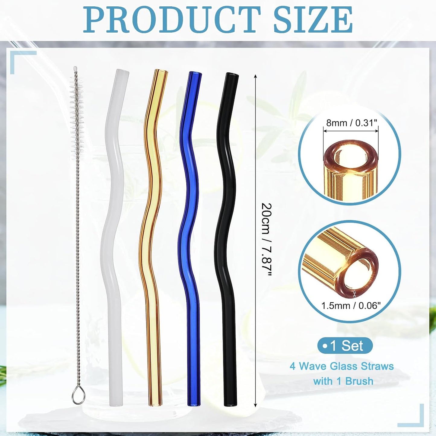 uxcell 4 Pcs Reusable Glass Drinking Straws, 7.87'' x 8 mm Reusable Straws Set with 4 Wave 1 Brush for Milkshakes Juice Coffee Milk Tea Cocktails, Midnight Cream Tone