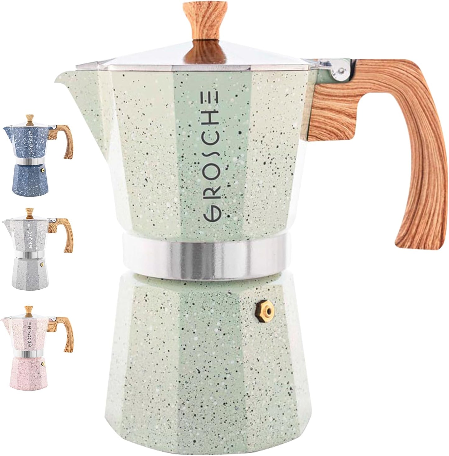 GROSCHE Milano Moka pot, Stovetop Espresso maker, Greca Coffee Maker, Stovetop coffee maker and espresso maker percolator (Mint, 6 cup)