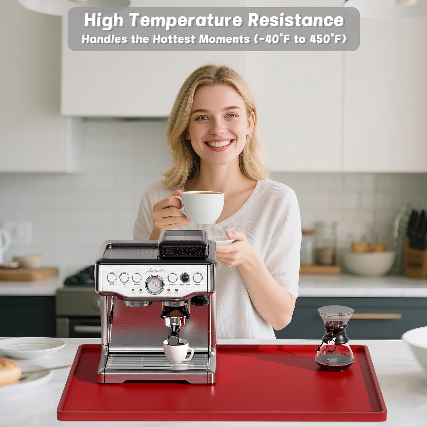 Rnivvi Silicone Coffee Mat, 12" x 19" Waterproof Raised Edge Coffee Bar Mats for Espresso Machine Station Accessories, Heat Resistant Dish Drying Pad for Kitchen Counter, Rubber Bar Decor Pad, Red