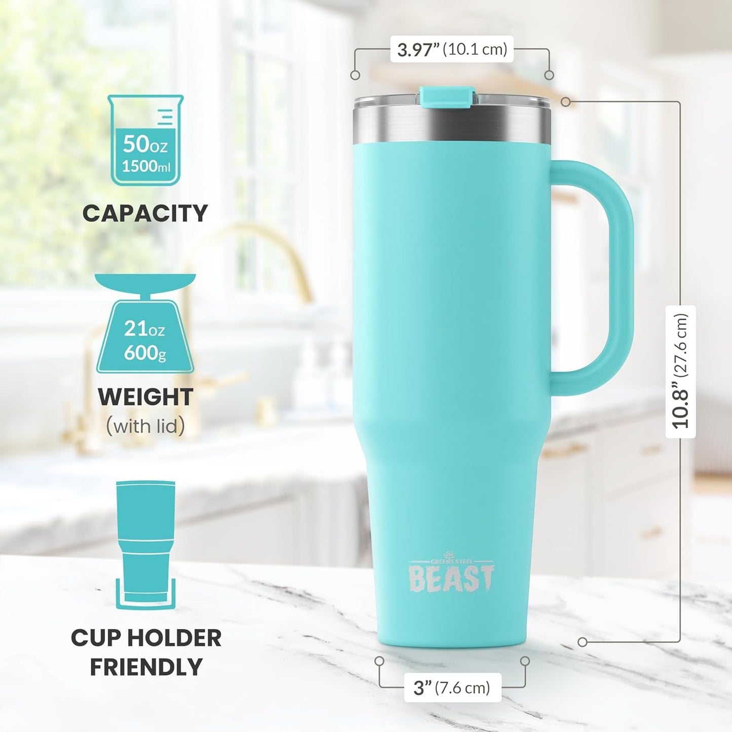 Beast 50 oz Tumbler Stainless Steel Vacuum Insulated Coffee Ice Cup Double Wall Travel Flask (Aqua Blue)