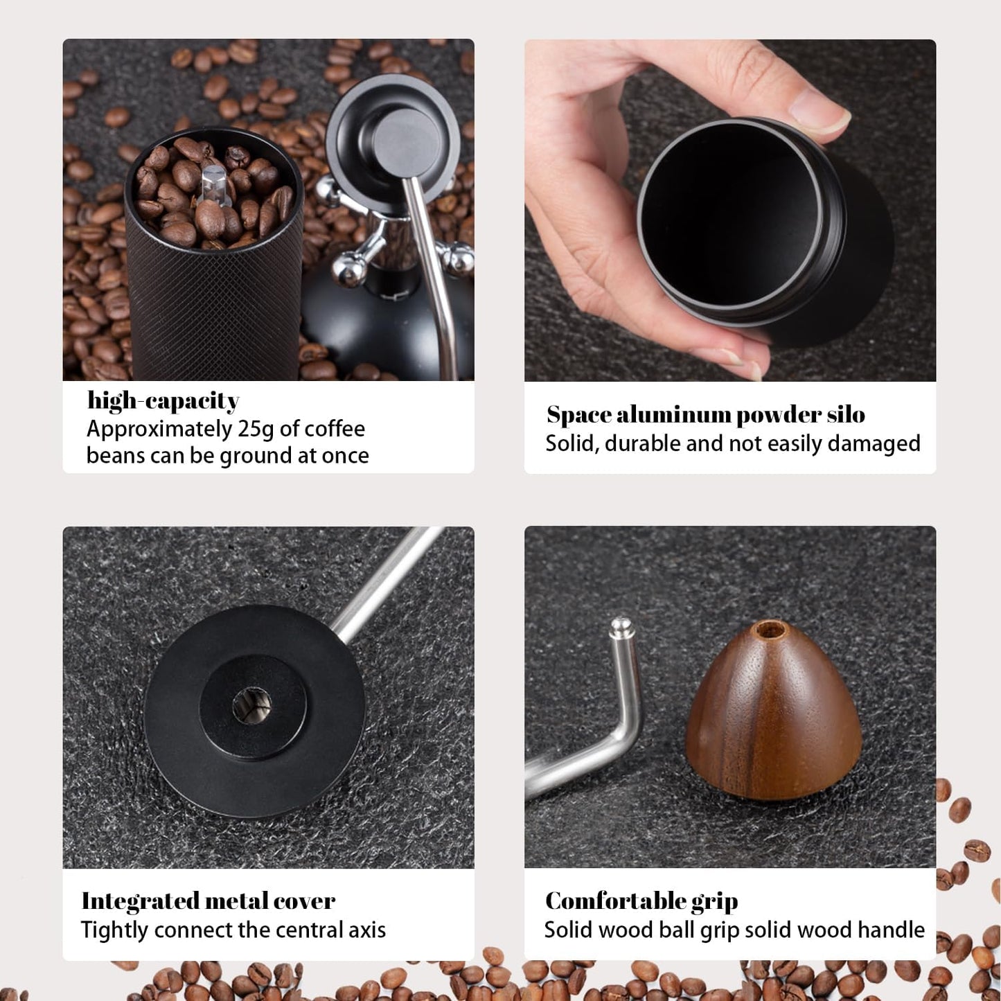 Generic Manual coffee grinder Capacity 25 grams, stainless steel tapered burrs - wooden handle - adjustable internal settings, dual bearing positioning, MCG2401, Black