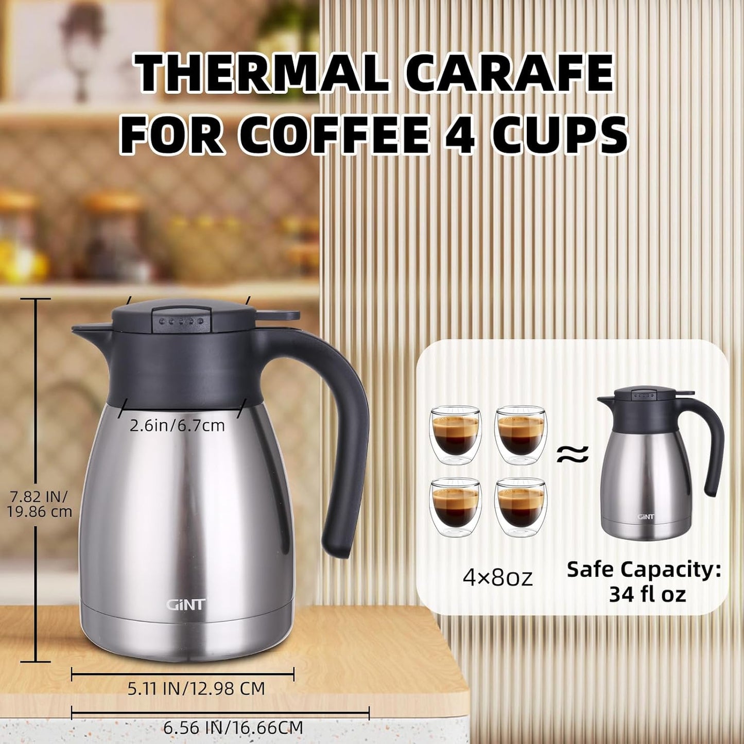GiNT 34Oz Thermal Coffee Carafe, Insulated Stainless Steel Coffee Carafes for Keeping Hot/Double Walled Vacuum Coffee Carafe (Silver, 1L)