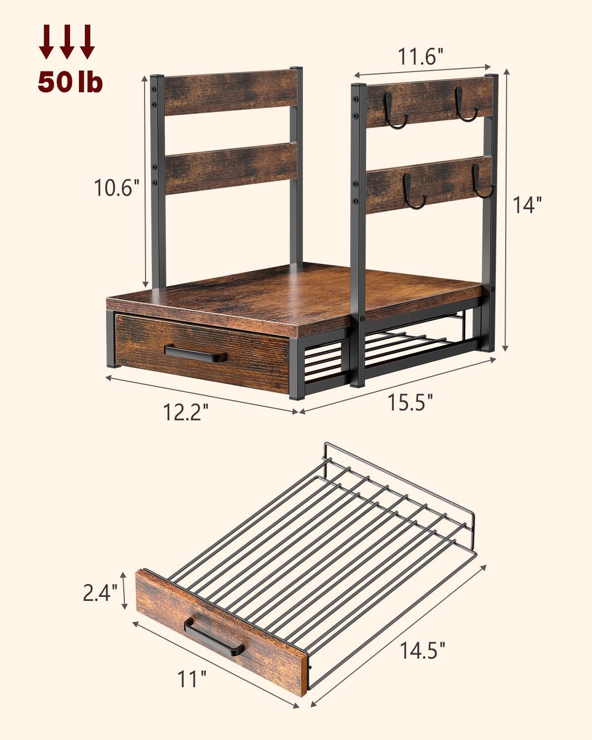 Coffee Pod Drawer Compatible with Nespresso Original Line, 63 Pods Coffee Organizer with Cup Holder, Durable Coffee Maker Stand with Storage Drawer, Rustic Brown