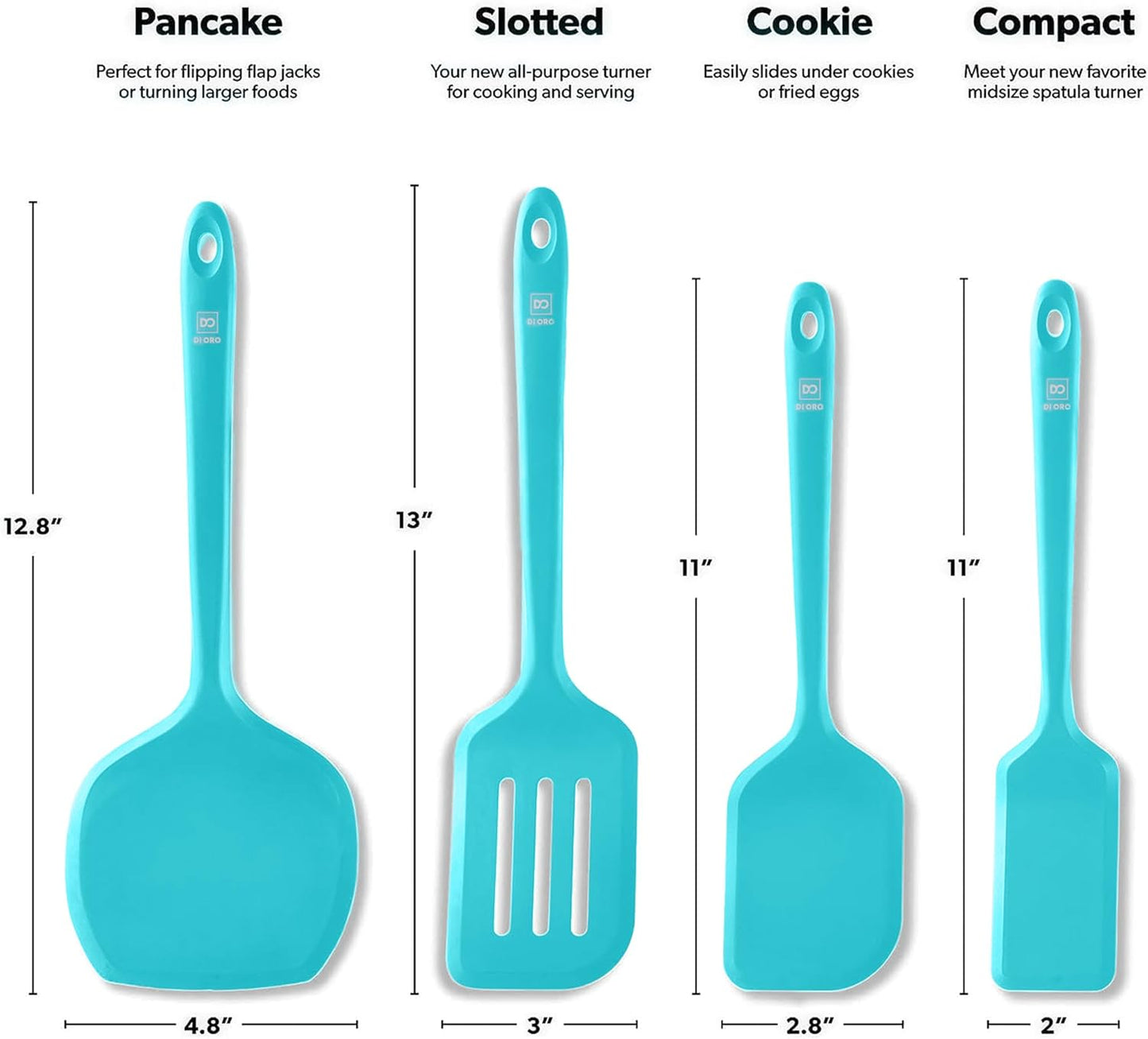 New DI ORO Silicone Turner Spatula Set - Kitchen Spatulas for Nonstick Cookware - Cooking Utensils for Flipping Eggs & Pancakes - 600°F Heat-Resistant BPA Free Turners - Dishwasher Safe (4pc, Teal)