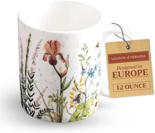 Maison d' Hermine Coffee Mug with Handles Fine Bone China Mugs Pack of One Tea Cups for Hot Beverages Cappuccino Latte Home Restaurant Office Perfect for Gift (Fleurs De Mai - Prairie, 12 Ounce)
