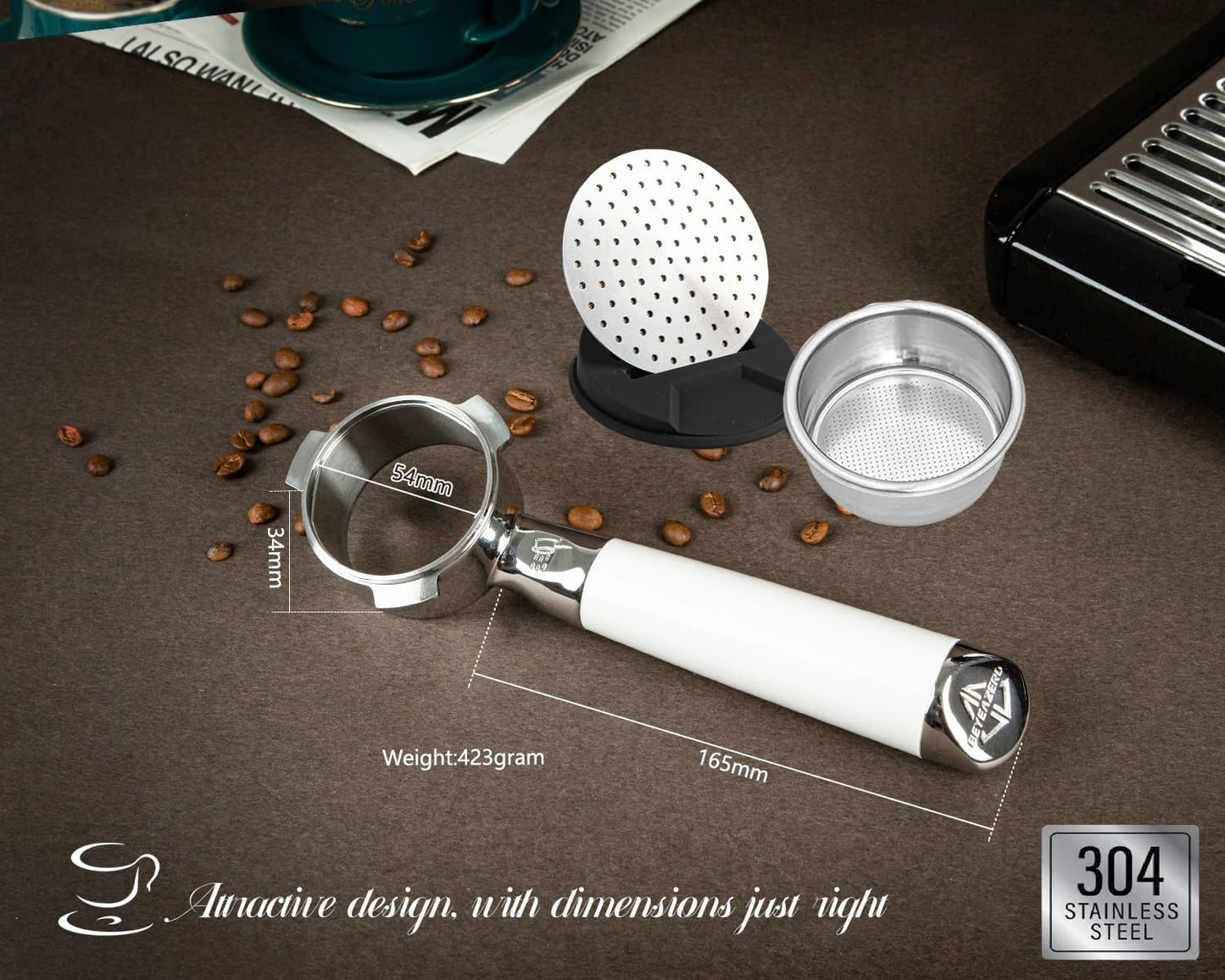 54mm Bottomless Portafilter Set – Includes Precision Filter Basket, Puck Screen & Stand – Compatible with Breville Barista Express, Barista Pro & 54mm Breville Machines, White