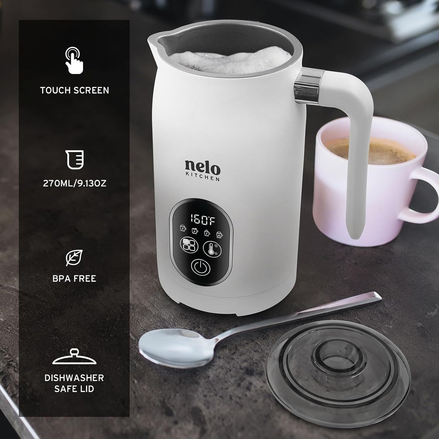 NELO Electric Milk Frother, 4 In 1 Digital Milk Frother and Steamer with Real-Time Temperature Control, Automatic Frother for Coffee, Latte, Hot Chocolate, Cappuccino, BPA Free Stainless Steel (White)