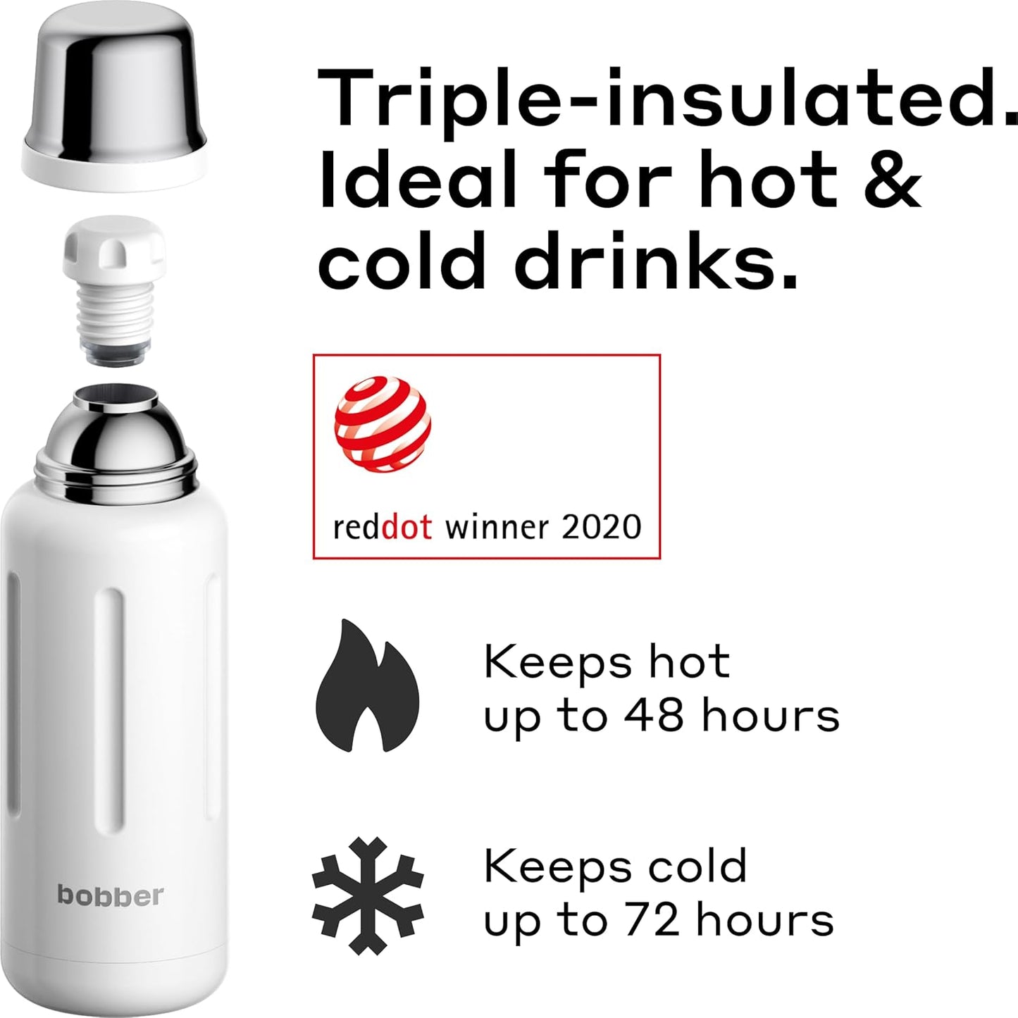 BOBBER 34 oz Stainless Steel Travel Thermos for Hot and Cold Drinks – Dishwasher Safe Metal Water Bottle with Cup Lid – Keeps Hot for 48 Hours – BPA-Free, Vacuum Insulated (White)