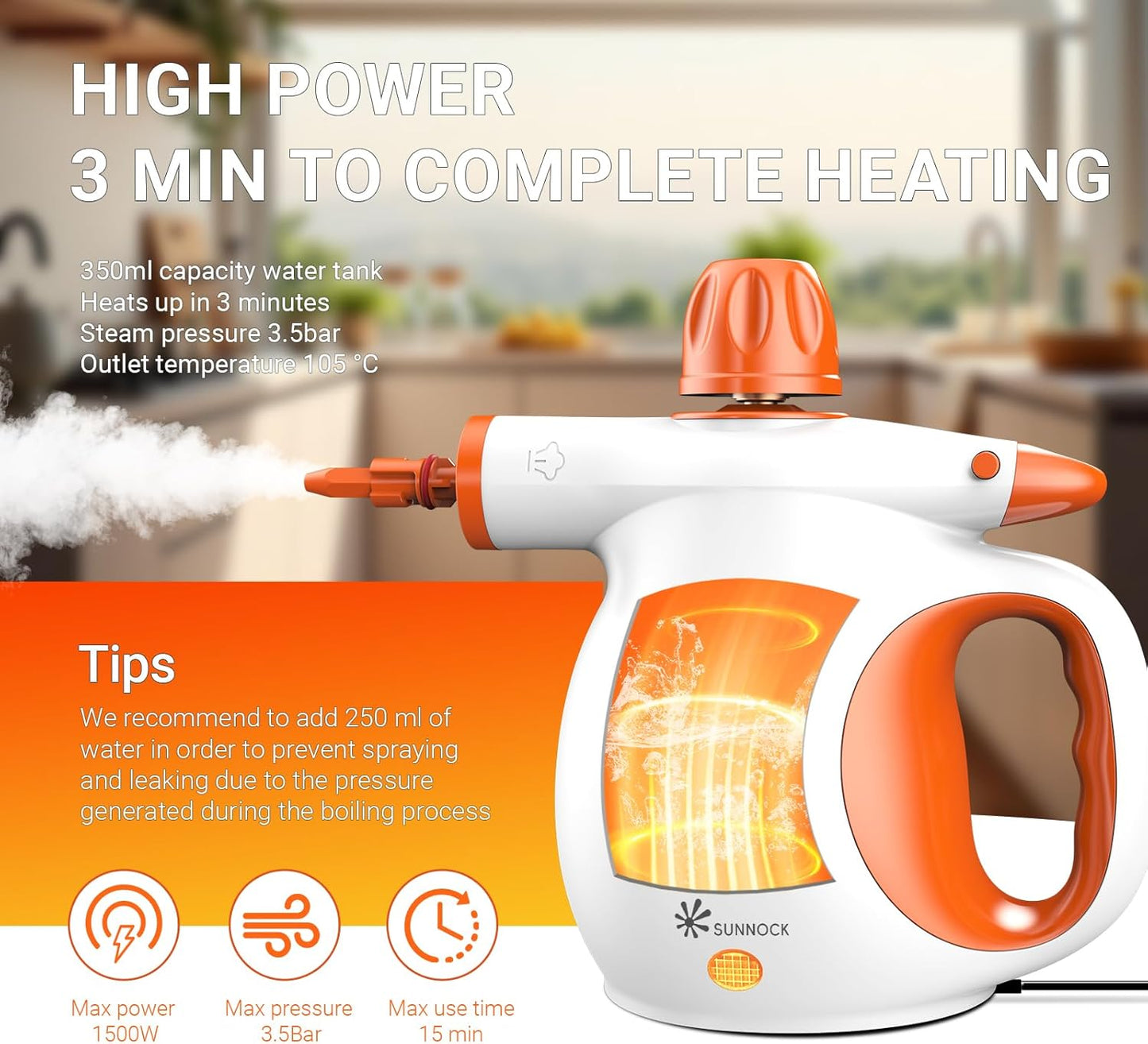 ETL-Certified Handheld Steam Cleaner - 221℉ 3.5 Bar Pressure, Chemical-Free Multi-Surface Cleaner for Kitchen, Bathroom, Car - Heats in 3-5 Mins