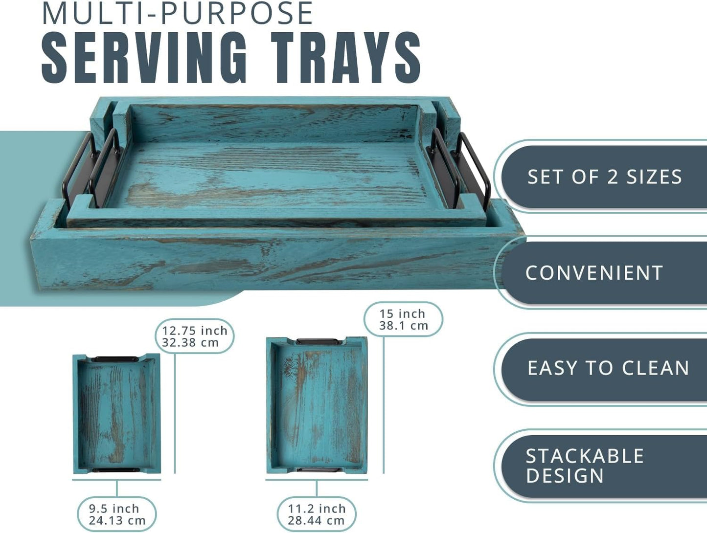 Rustic Wooden Serving Trays with Handle - Set of 2 - Large and Small, Nesting Multipurpose Trays - for Breakfast, Coffee Table/Butler & More - Rustic Blue