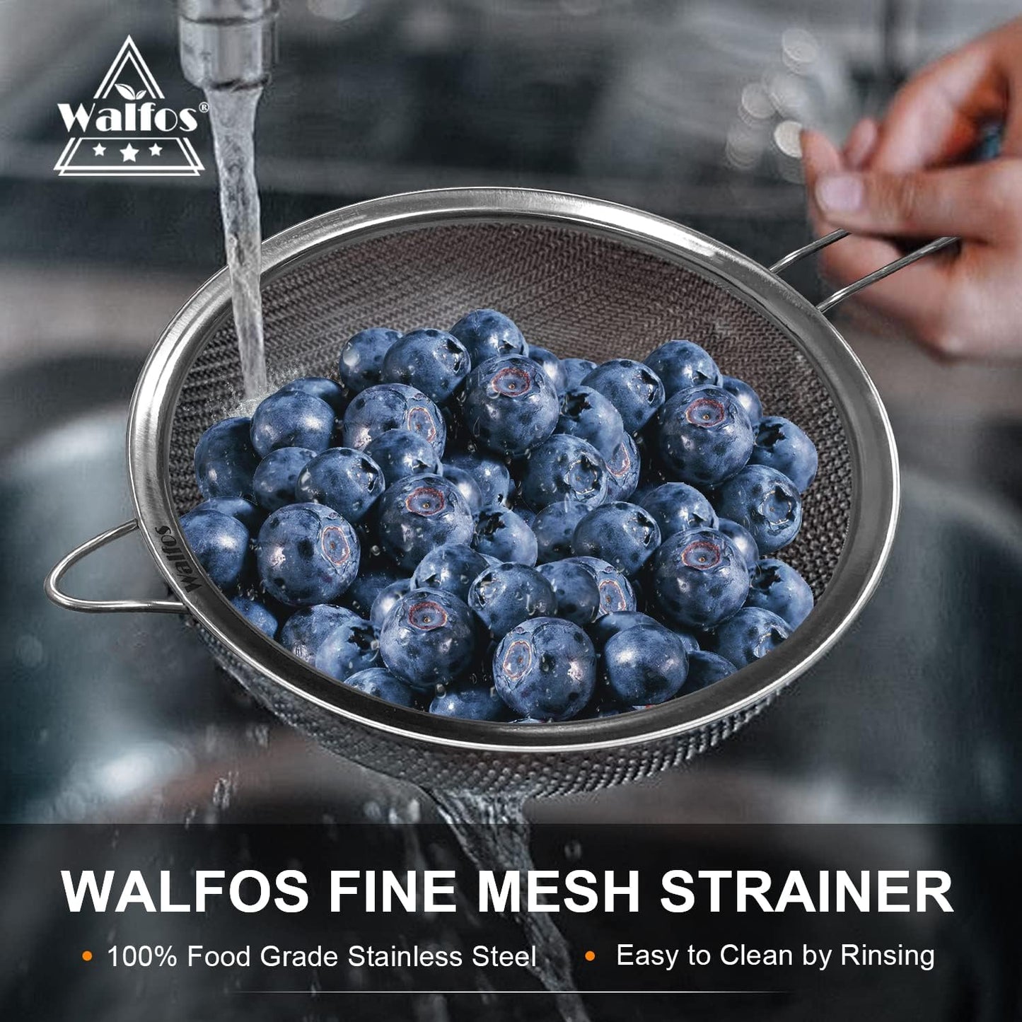 Walfos 8 Inch Fine Mesh Strainer, Premium Stainless Steel Colanders and Sifters, with Reinforced Frame and Sturdy Handle, Perfect for Sift, Strain, Drain and Rinse Vegetables, Pastas and Tea