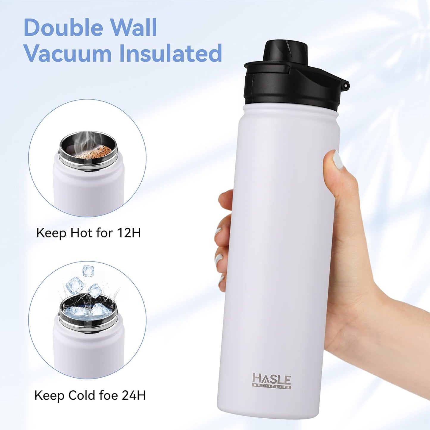 HASLE OUTFITTERS Insulated Water Bottle 22 oz Double Wall Stainless Steel Water Bottle Wide Mouth with Straw Lid & Spout Lid Keeps Cold or Hot(White,8)