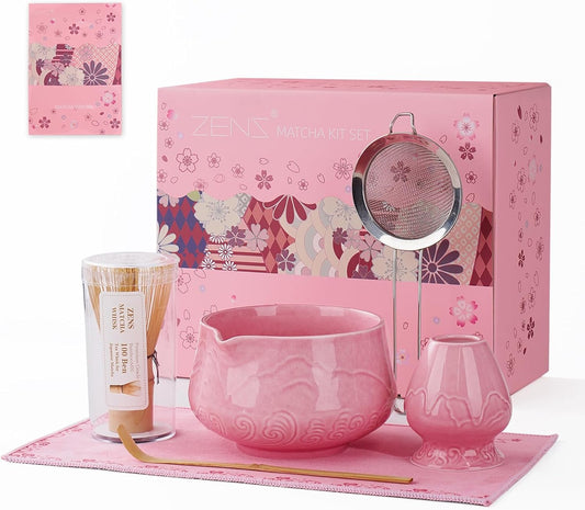 ZENS Matcha Whisk Set, 6pcs Matcha Set Pink Includes 15oz Ceramic Bowl and Bamboo Whisk (Chasen Holder) Scoop, 304 Sifter & Pink Tea Mat, Japanesse Matcha Kit for Matcha Latte-Making