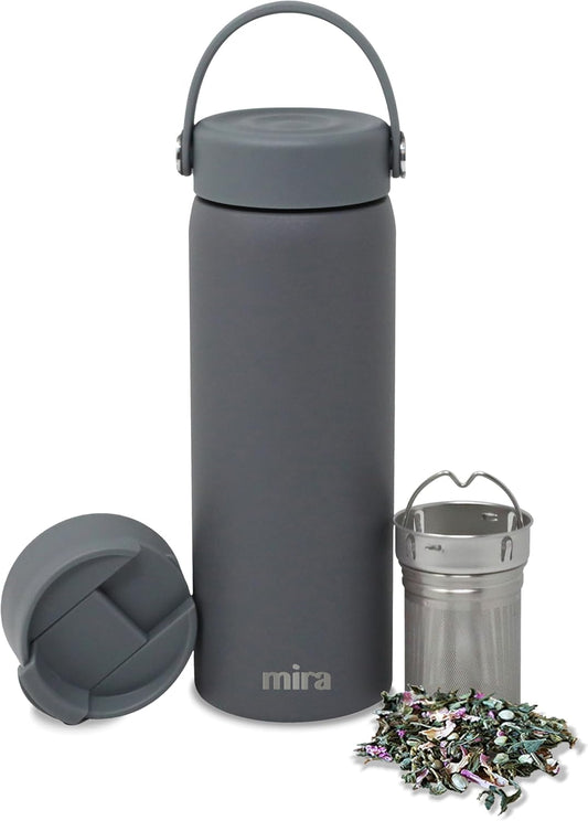 MIRA 18 oz Tea Infuser Thermos - Stainless Steel Travel Bottle with Removable Strainer for Loose Leaf Tea - Insulated Hot & Cold Brew Steeper - Smoke Gray