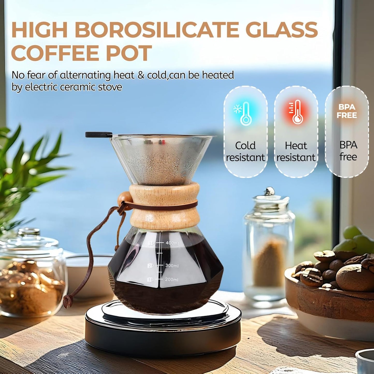 Pour Over Coffee Maker 400ml with 304 Stainless Steel Filter and Wooden Collar Holder Borosilicate Glass Drip Coffeemaker Server Set Clear Hand Brew Dripper Carafe for Home Camping Travel 13.5oz