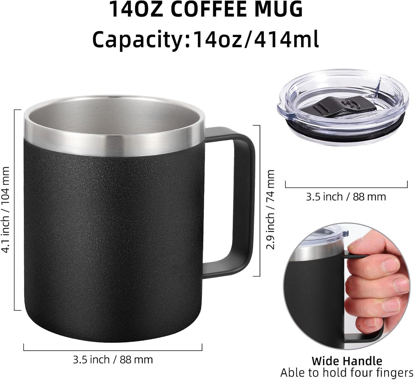 Volhoply 14oz Insulated Stainless Steel Coffee Mug with Lid Bulk 8 Pack,Double Wall Vacuum Travel Coffee Cup with Handle,Reusable Metal Cups Tumbler,Camping Mugs Keep Hot,Ideal Gifts(Black,8)