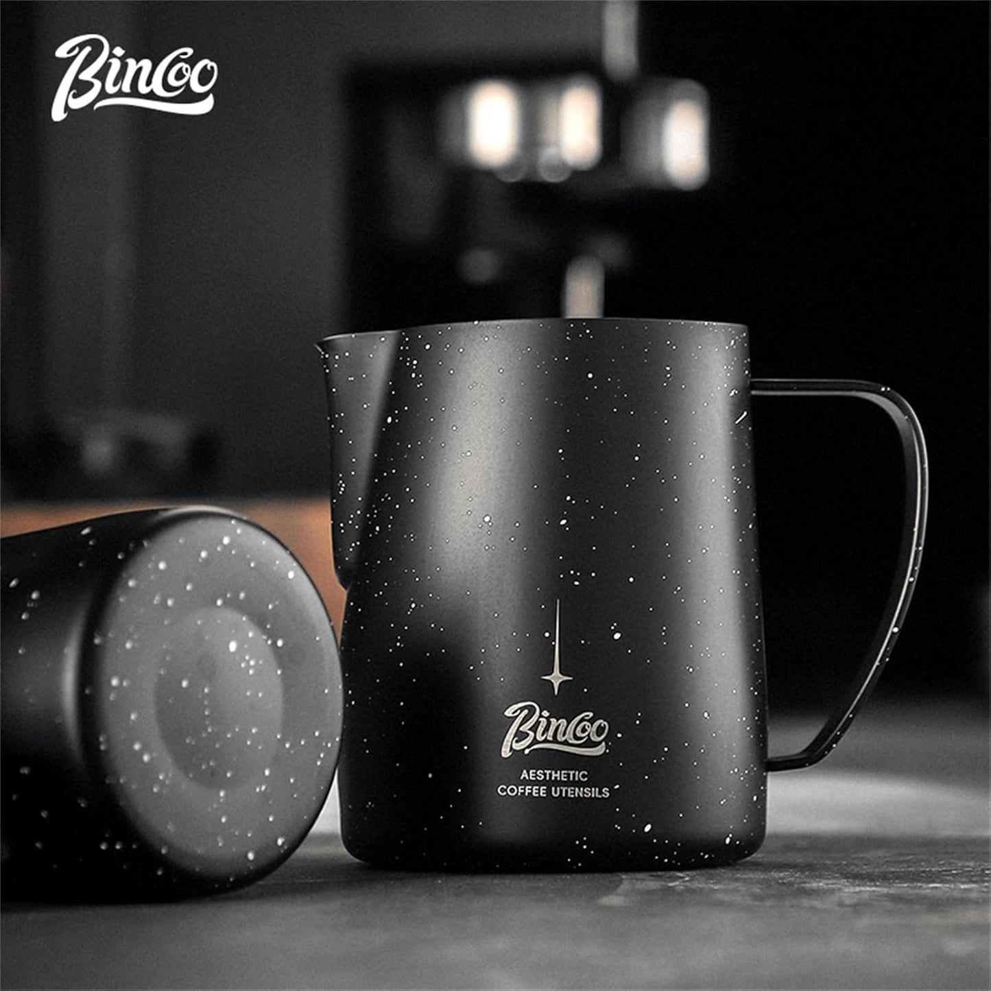 Bincoo Star Milk Frothing Pitcher 12oz,Espresso Steaming Pitcher,Espresso Machine Accessories,Milk Frother cup,Milk Coffee Cappuccino Latte Art,Stainless Steel Jug Cup.(Black 12oz)