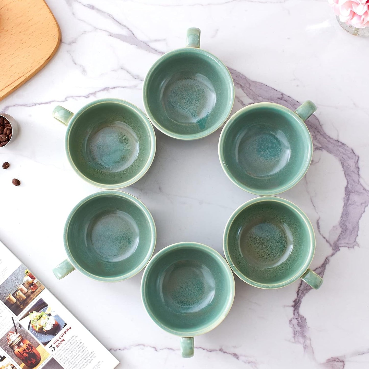 Set of 6 Cups Vintage Design 12 oz Professional Barista Ceramic Latte Art Cappuccino Cups Set (Green * 6)