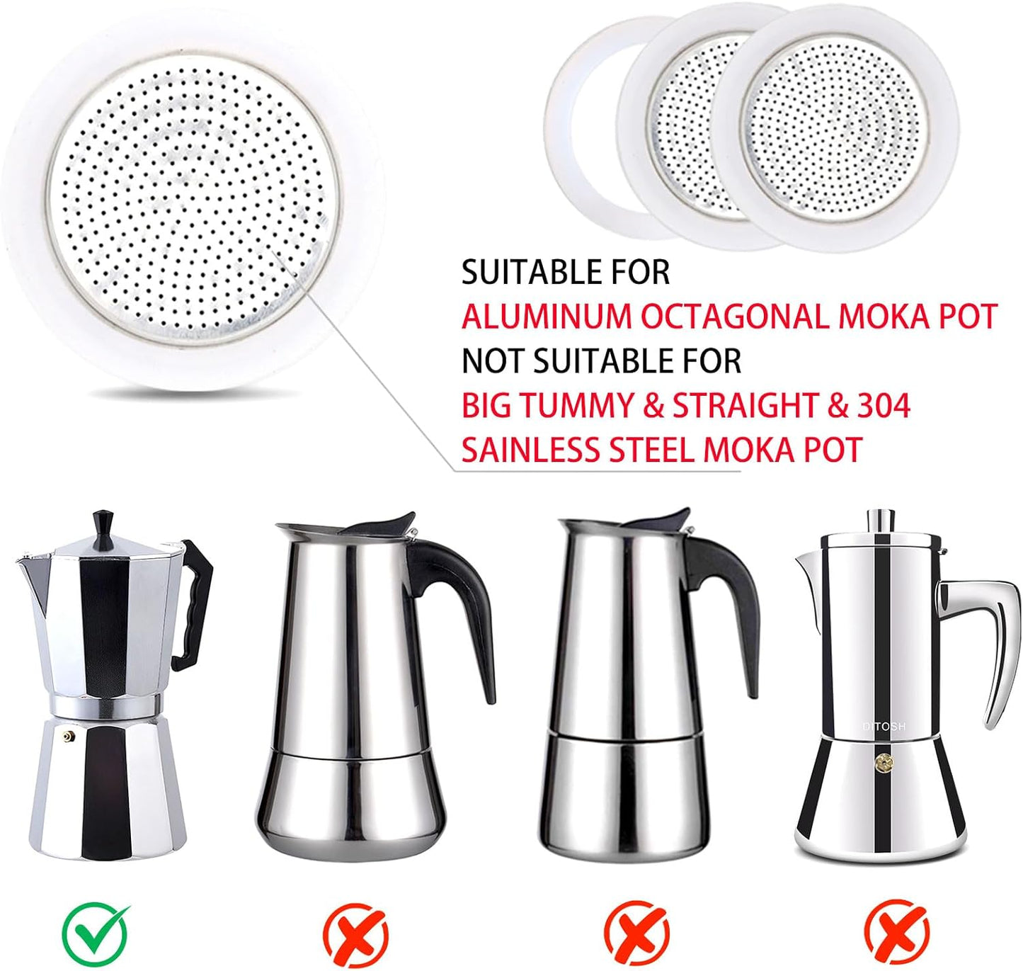 2 Pcs Filter with 3 Pcs Silicone Gasket Seals for 2 Cup Stovetop Espresso Coffee Maker Replacement Parts for DITOSH Aluminium Moka Pot