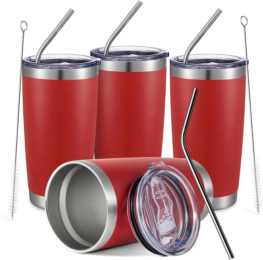 COMOOO 20oz Double Wall Vacuum Insulated Travel Mug, Stainless Steel Tumbler with Lid and Straw Durable Powder Coated Insulated Coffee Cup for Cold & Hot Drinks (Red, 4 PACK)