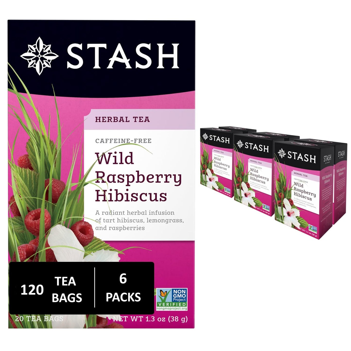 Stash Tea Wild Raspberry Hibiscus Herbal Tea - Naturally Caffeine Free, Non-GMO Project Verified Premium Tea with No Artificial Ingredients, 20 Count (Pack of 6) - 120 Bags Total