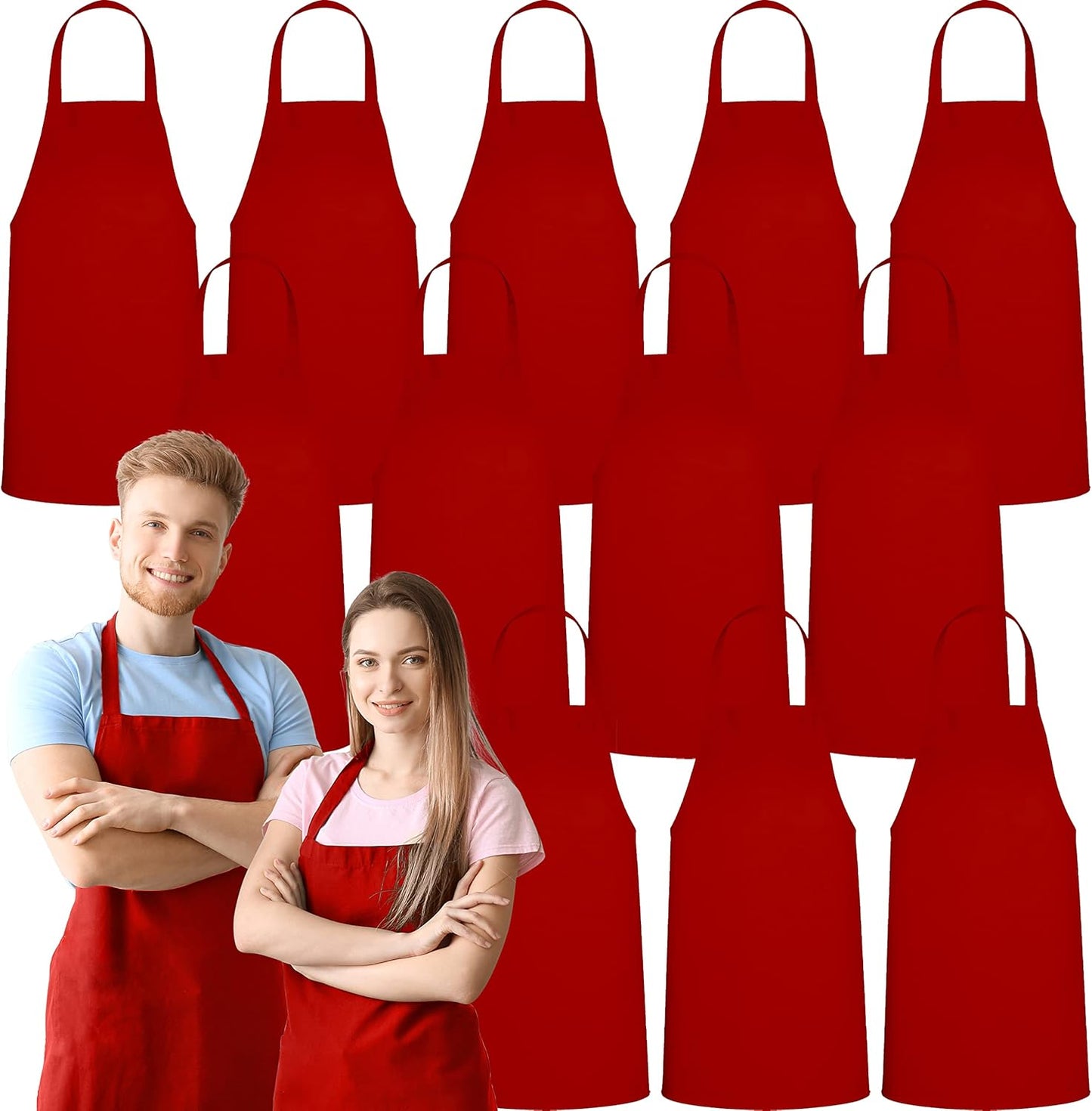 GREEN LIFESTYLE 12 Pack Bib Apron - Unisex Red Aprons, Machine Washable Aprons for Men and Women, Kitchen Cooking BBQ Aprons Bulk (Pack of 12, No Pockets, Red)