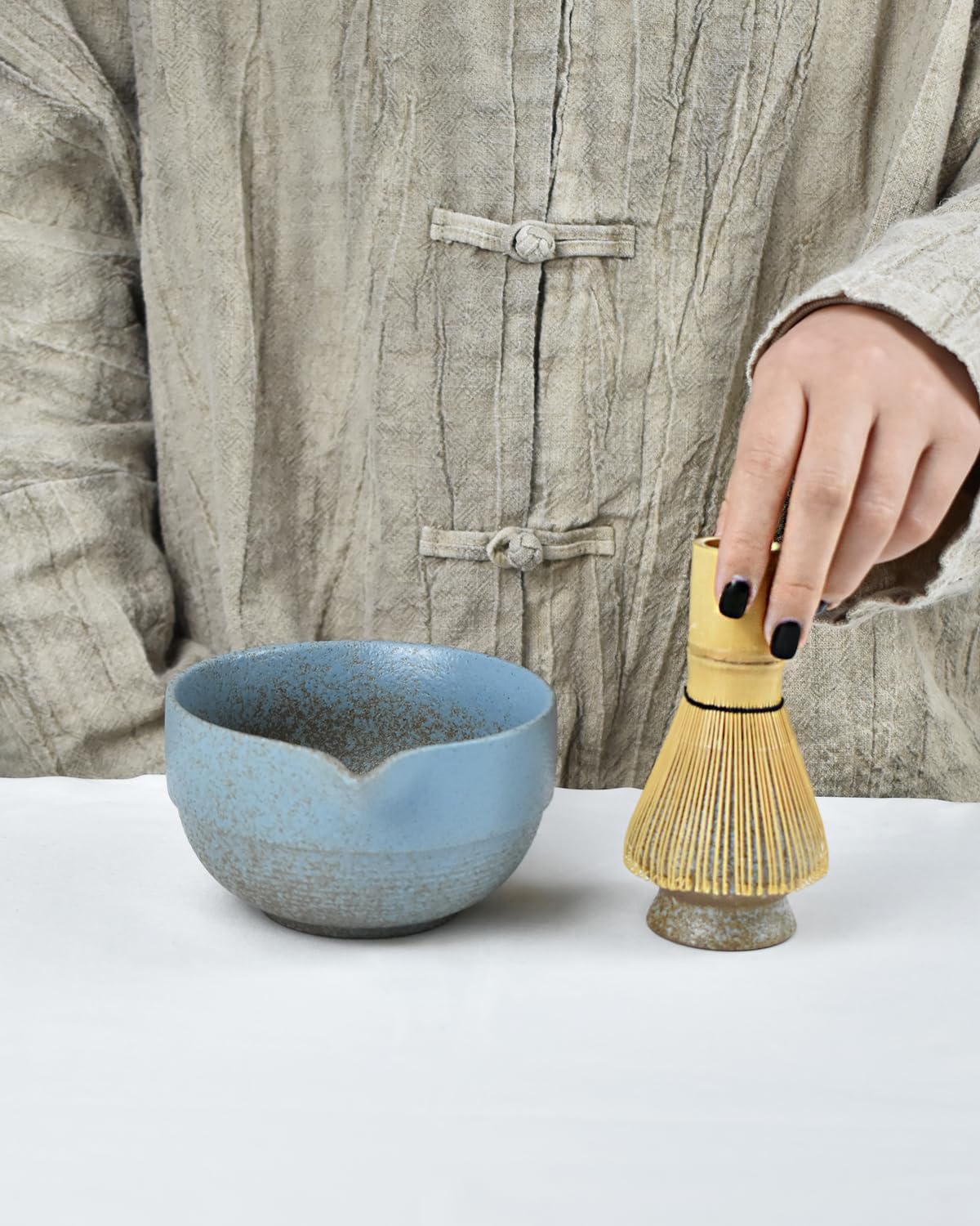 Artcome Premium Matcha Tea Set - 17oz Handcrafted Ceramic Bowl with Blue Reactive Glaze, Bamboo Whisk, Scoop, Whisk Holder & Brewing Guide - Japanese Tea Ceremony Tools for Perfect Matcha Preparation