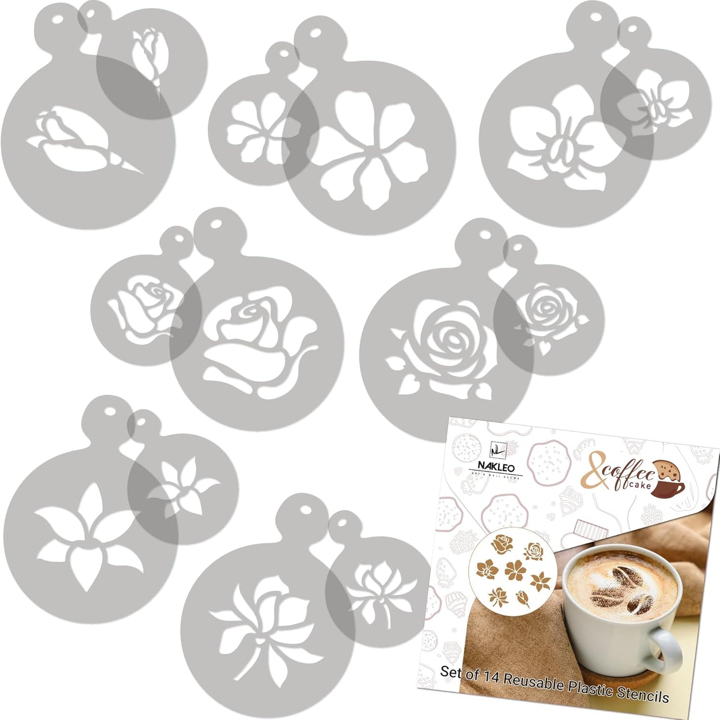 NAKLEO Coffee Stencils and Cookies Decoration 14Pcs 2.8”x2.8” and 4.3”x4.3”, Reusable Plastic Baking Templates, Flowers Rose Tulip, Barista DIY Art Craft, Capuccino Latte Chocolate Cake Biscuit